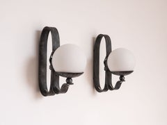 Brutalist Wall Sconces - Belt Wrought Iron & Opaline Glass Globes, France 1970s
