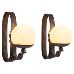 Brutalist Wall Sconces - Belt Wrought Iron & Opaline Glass Globes, France 1970s