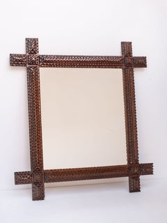 French Tramp Art Mirror - Folk Art Geometric Hand Carved Wooden Mirror - 1890