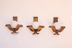 Set of 3 Gilt Wrought Iron Wall Sconces by Ferro Art, Hollywood Regency, 1950s