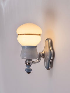 Pair of Art Deco Blue Glazed Ceramic & Chrome Sconces, Opaline Globes - 1930s