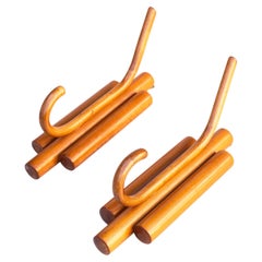 Wall-Mounted Bamboo Coat Hooks - Set of 2 Wooden Coat Hangers - France 1960s