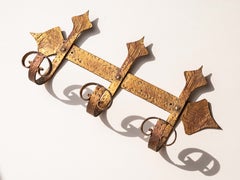 Brutalist Gilt & Hammered Wrought Iron Coat Rack by Ferro Art - Spain 1950s
