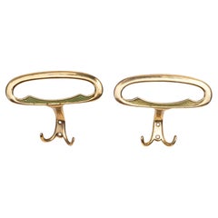 Pair of Brass Wall Hooks Coat Hangers with Green Textured Inlays - France 1950s