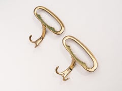 Pair of Brass Wall Hooks Coat Hangers with Green Textured Inlays - France 1950s