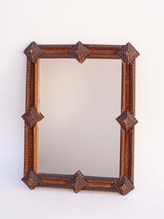Tramp Art Wall Mirror, Folk Art French Hand-Carved Wooden Mirror - 1900