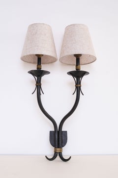 Art Deco Black Wrought Iron & Brass Wall Sconce - Double Lighting - France 1940s