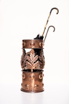 Art Deco Copper Umbrella Stand, Hand-Hammered Floral Leaves Design, France 1940s