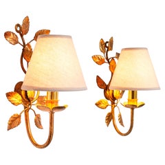Pair of Gilt Metal Ivy Leaves Wall Sconces, Hollywood Regency - Italy 1940s
