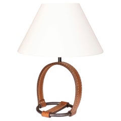 Camel-Brown Leather & Wrought Iron Table Lamp, Jacques Adnet Style, France 1940s