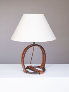 Camel-Brown Leather & Wrought Iron Table Lamp, Jacques Adnet Style, France 1940s