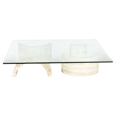 1970s Italian Sculptural Travertine Low Glass Coffee Table by Raffaello Repossi