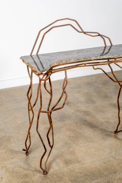 Vintage Brutalist Sculptural Iron and Marble Console Table