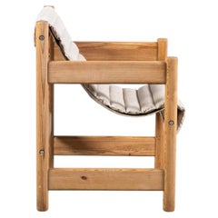 Vintage-Lounge-Sessel aus belgischem Kiefernholz mit beigem Leinen-Sitzgurt