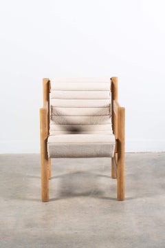 Vintage-Lounge-Sessel aus belgischem Kiefernholz mit beigem Leinen-Sitzgurt