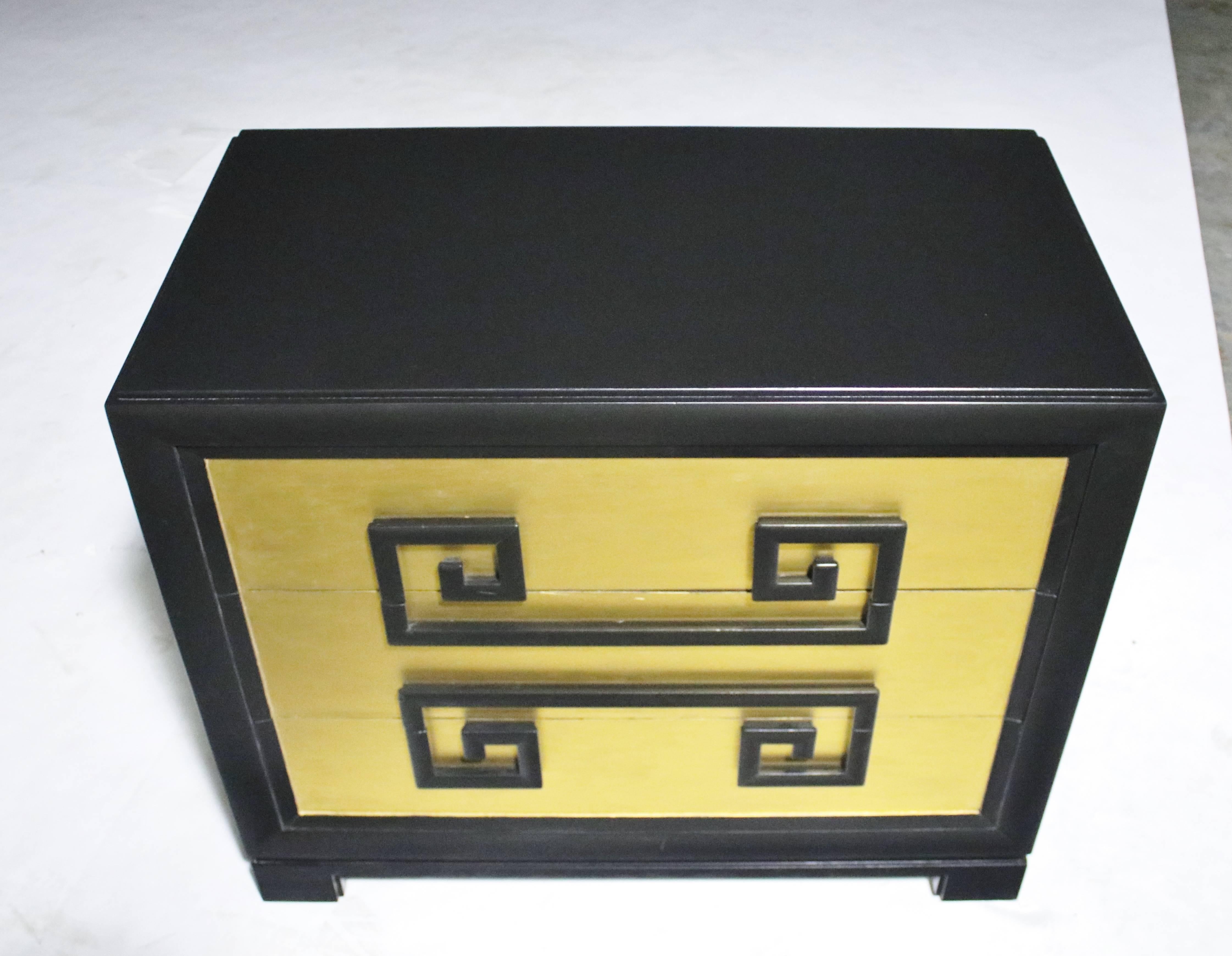 1940s authentic Greek key chest of drawers by Kittinger (labelled) newly refinished in satin black lacquer and gold leaf drawers.