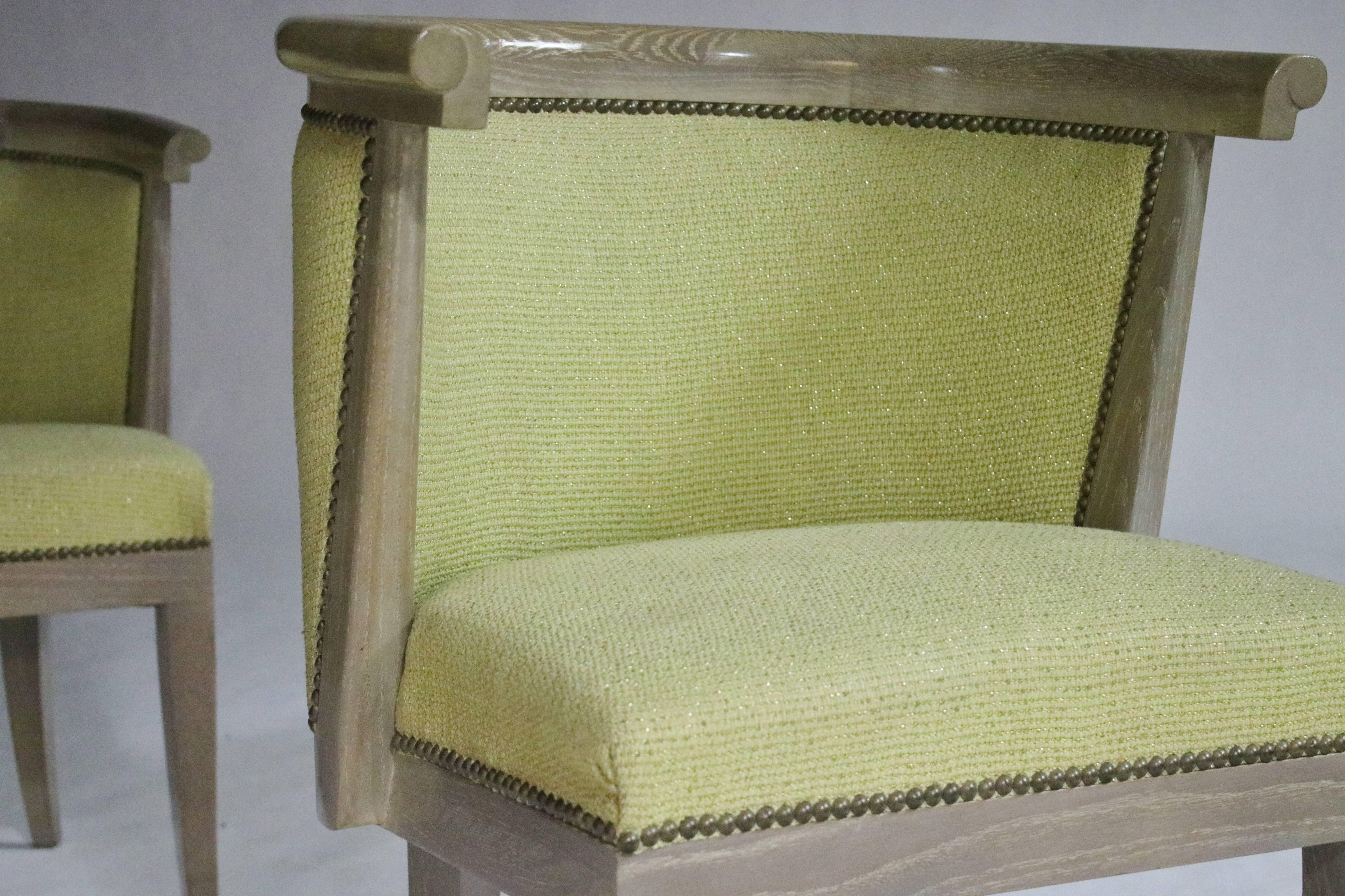 Rom Weber originals in modern by Harold Schwartz M-744 oak dining chairs with the original chartreuse green fabric with gold threading and nail heads. Set of six all in excellent original condition. Measures: Seat height 18