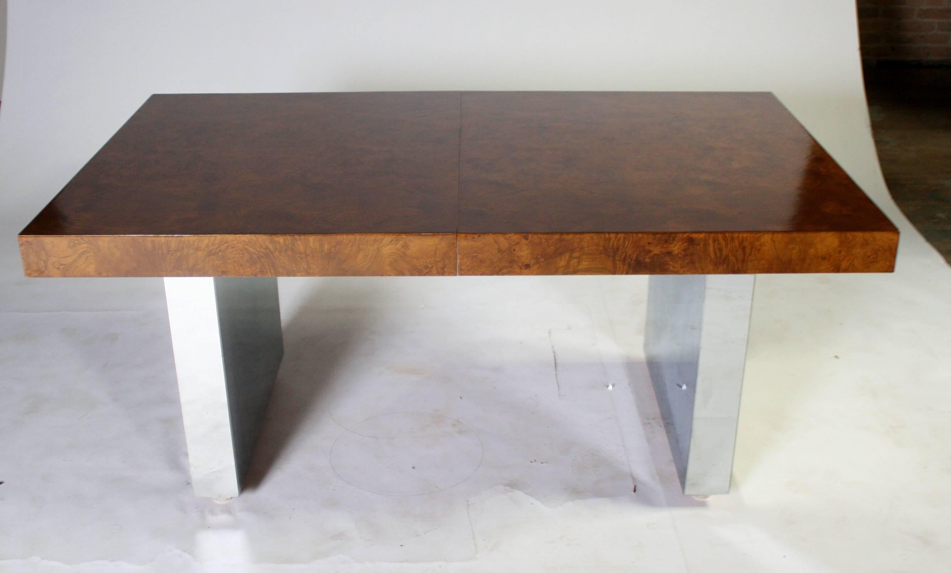 North American Rare Roger Sprunger for Dunbar Walnut Burl Wood and Chrome Dining Table
