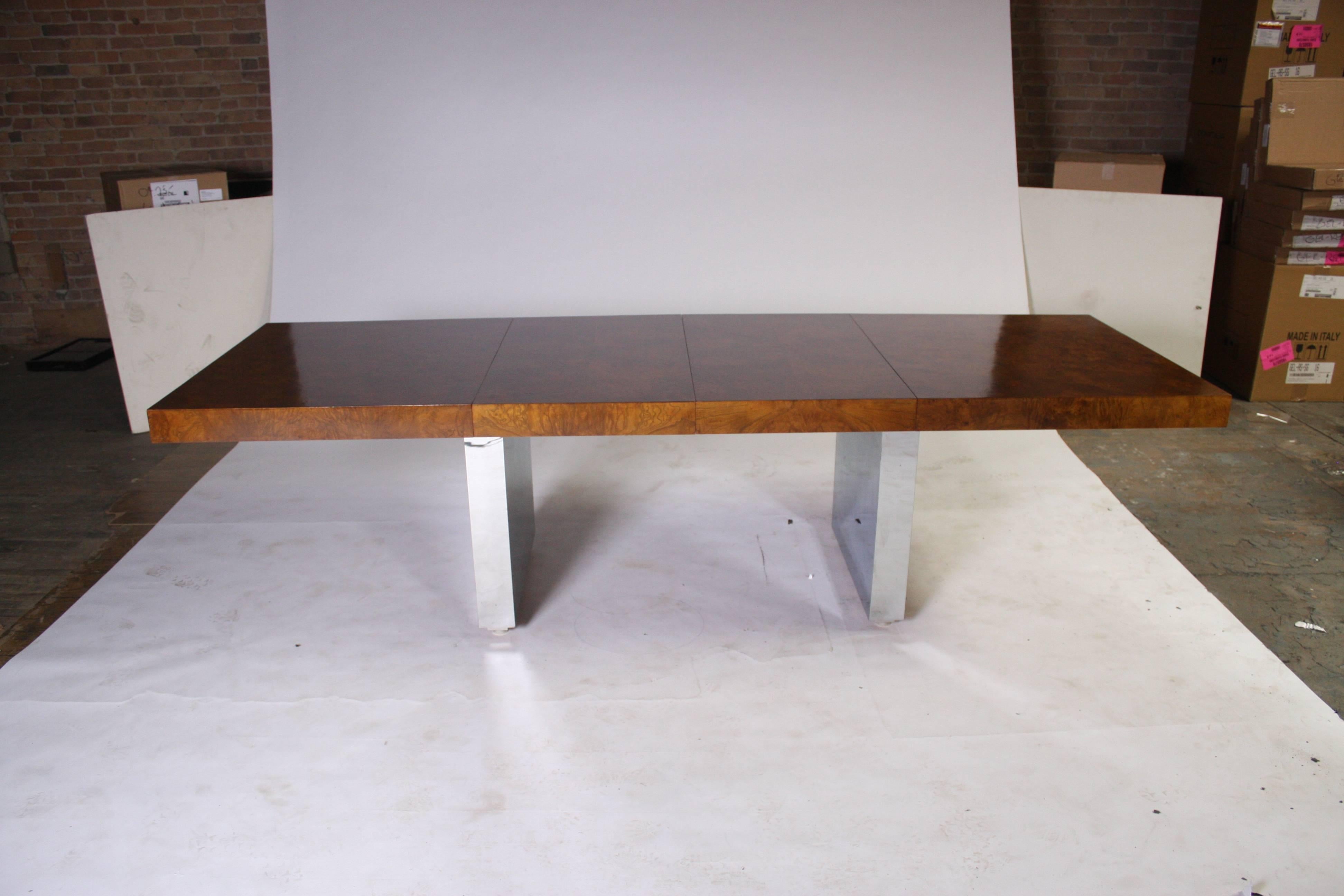 Rare Roger Sprunger for Dunbar Walnut Burl Wood and Chrome Dining Table In Excellent Condition In Chicago, IL