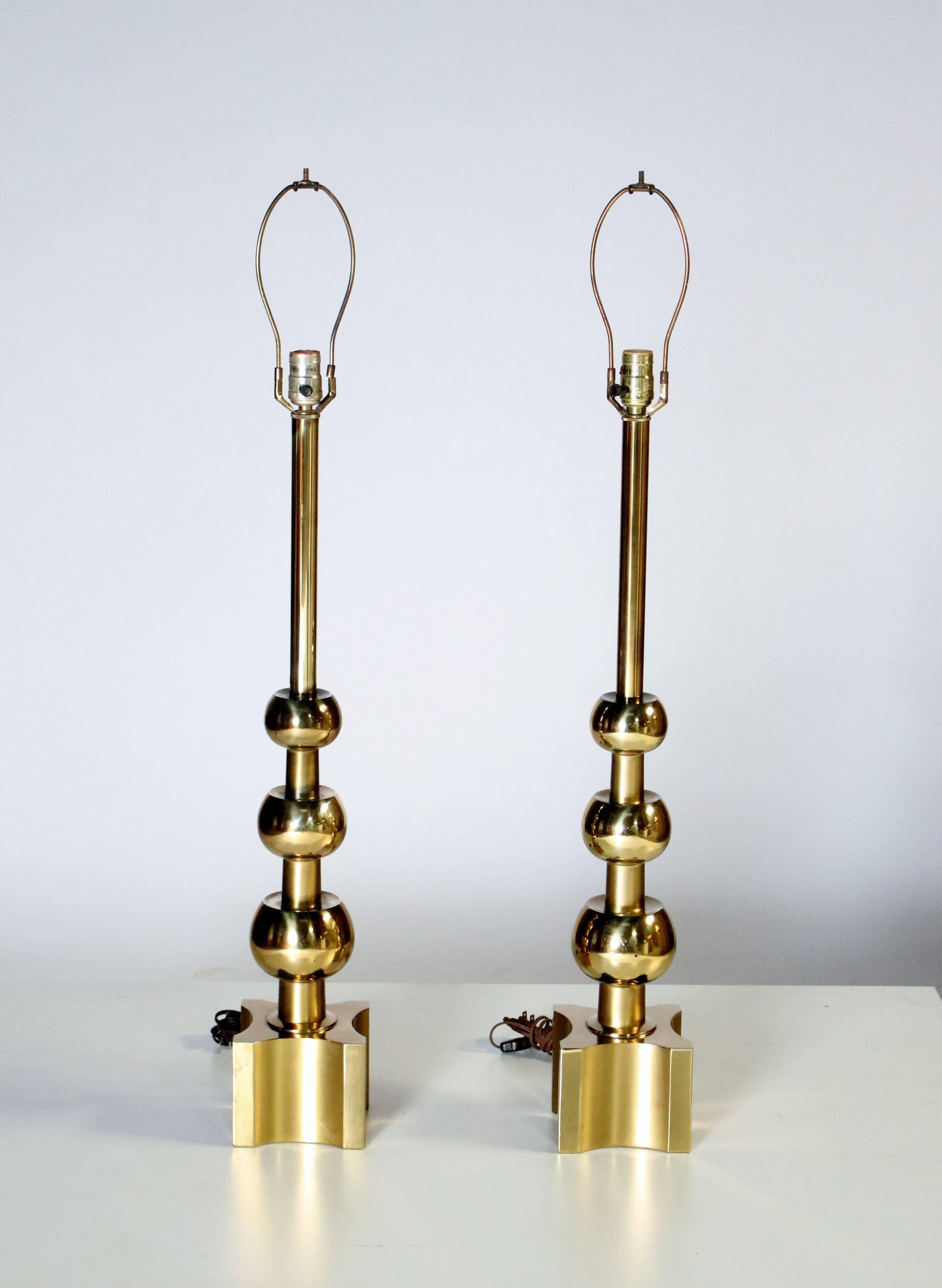 American Pair of Brass Stacked Orb Tables Lamps by Stiffel