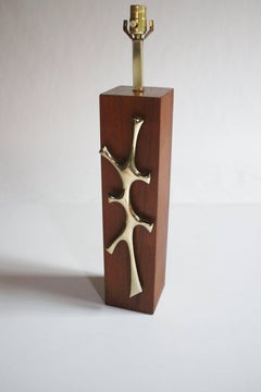 Mid-Century Walnut and Sculptural Brass Table Lamp