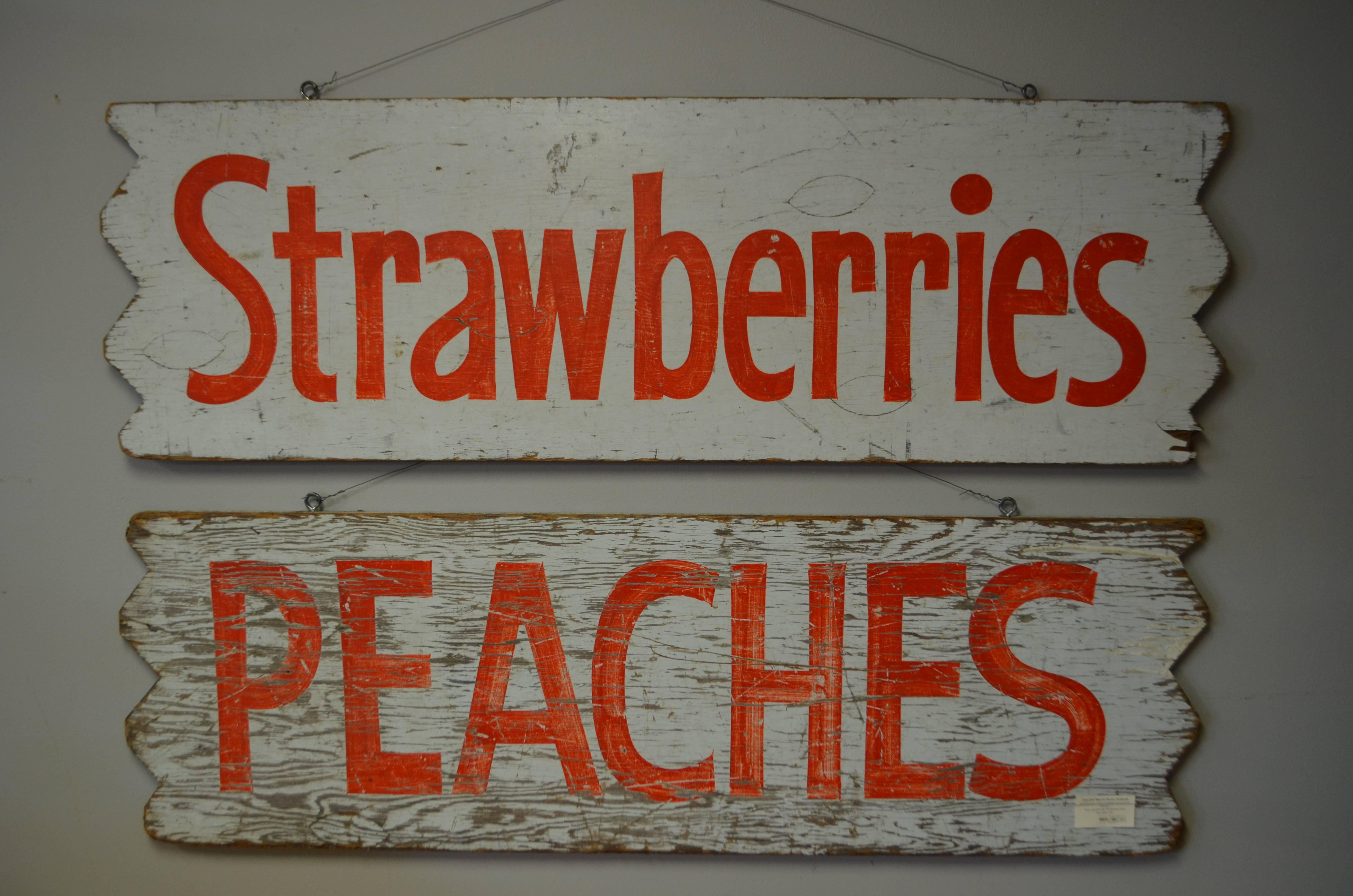 Pair of hand-lettered farm produce signs from the early 1950s. That's when Americans in great numbers first took to the road for family summer vacations. Imagine rounding the bend on a dusty country road to discover a ramshackle wooden farm stand