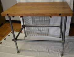 Kitchen Island, Work Table with Maple Top and Sliding Baskets on Steel Pipe Base