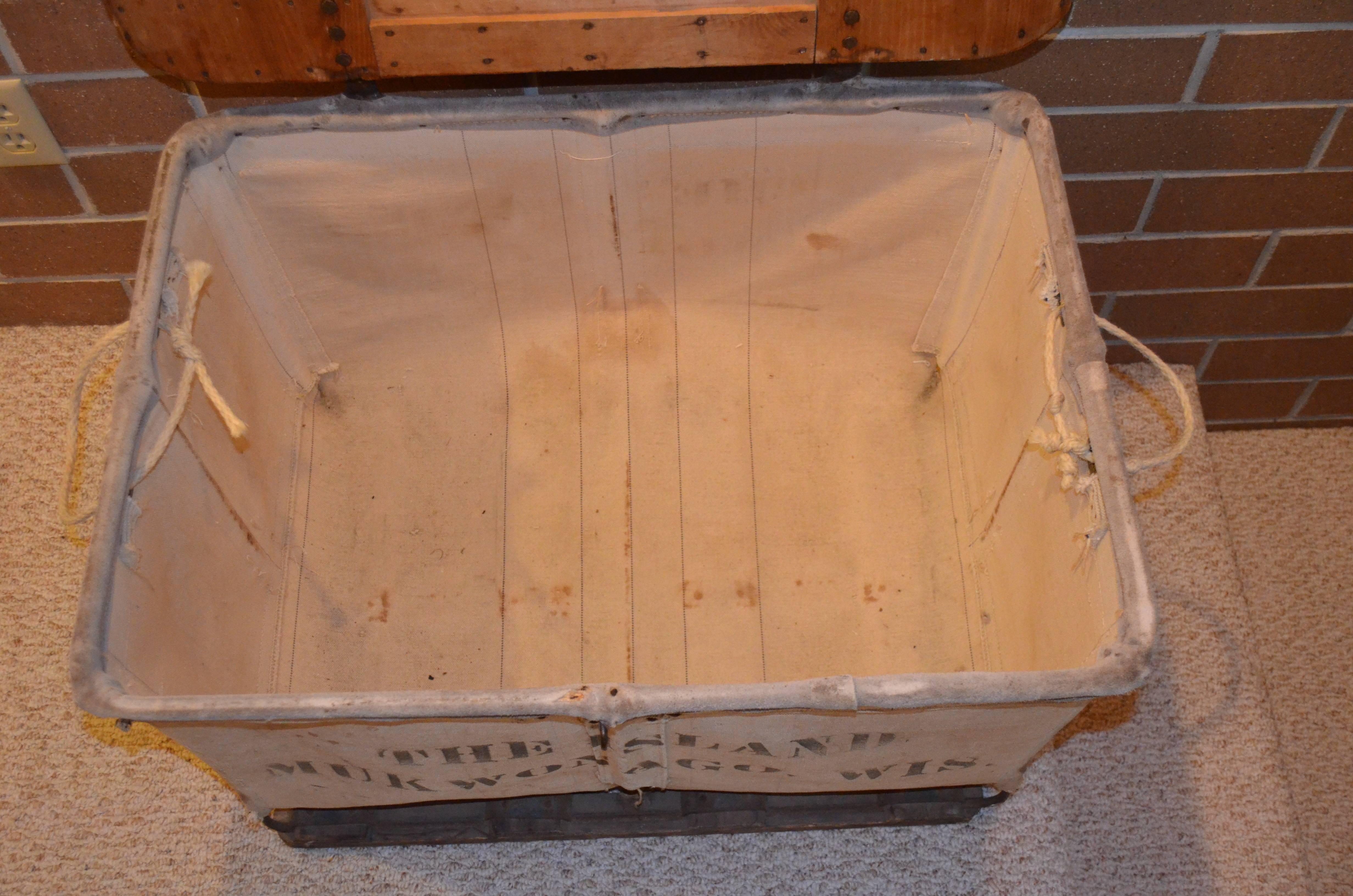 Storage Bin of Canvas with Wood Top, Wood and Steel Frame In Excellent Condition In Madison, WI