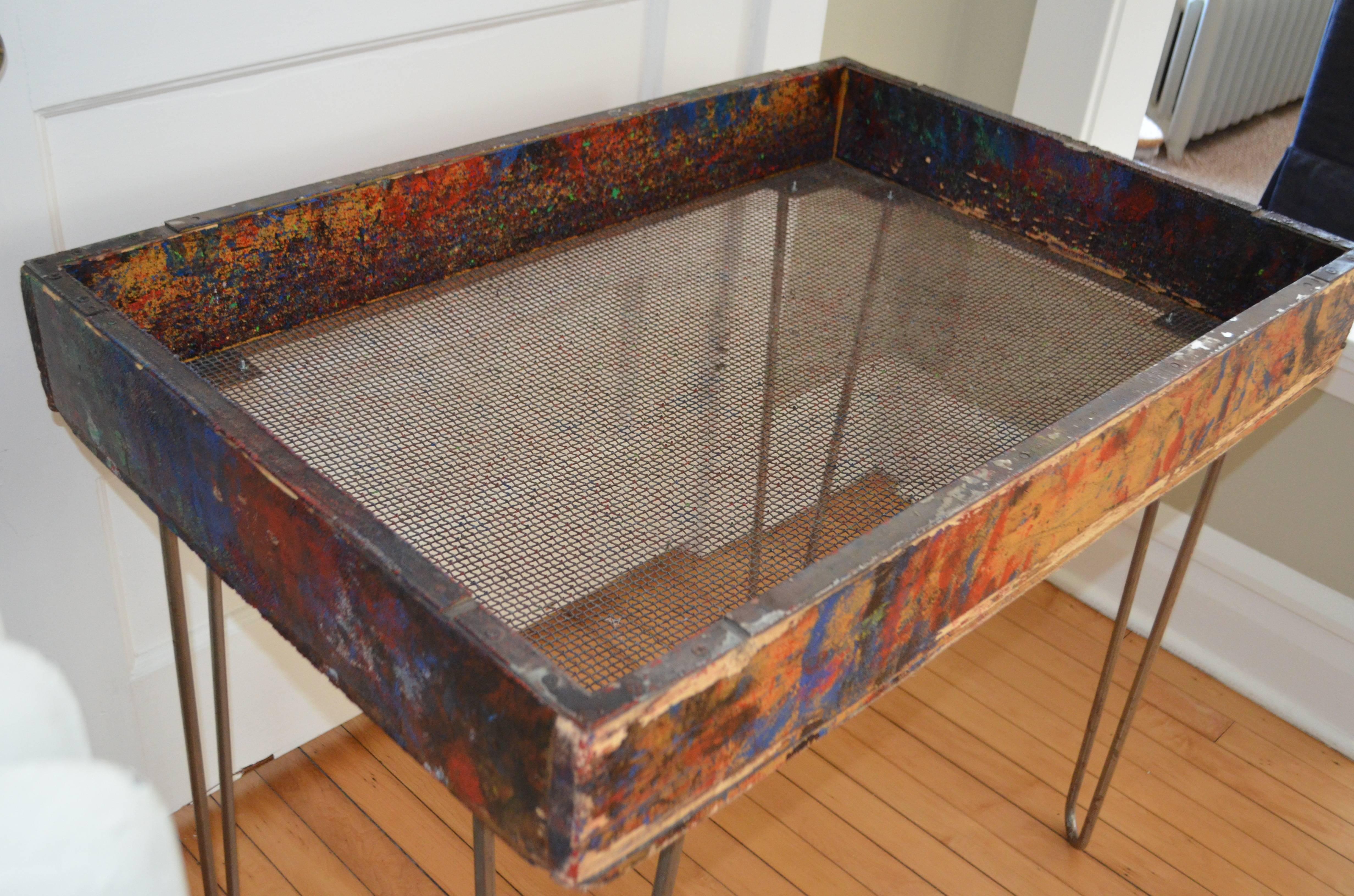 Industrial Side Table / Plant Stand on from Factory Paint Box with Screen Bottom For Sale