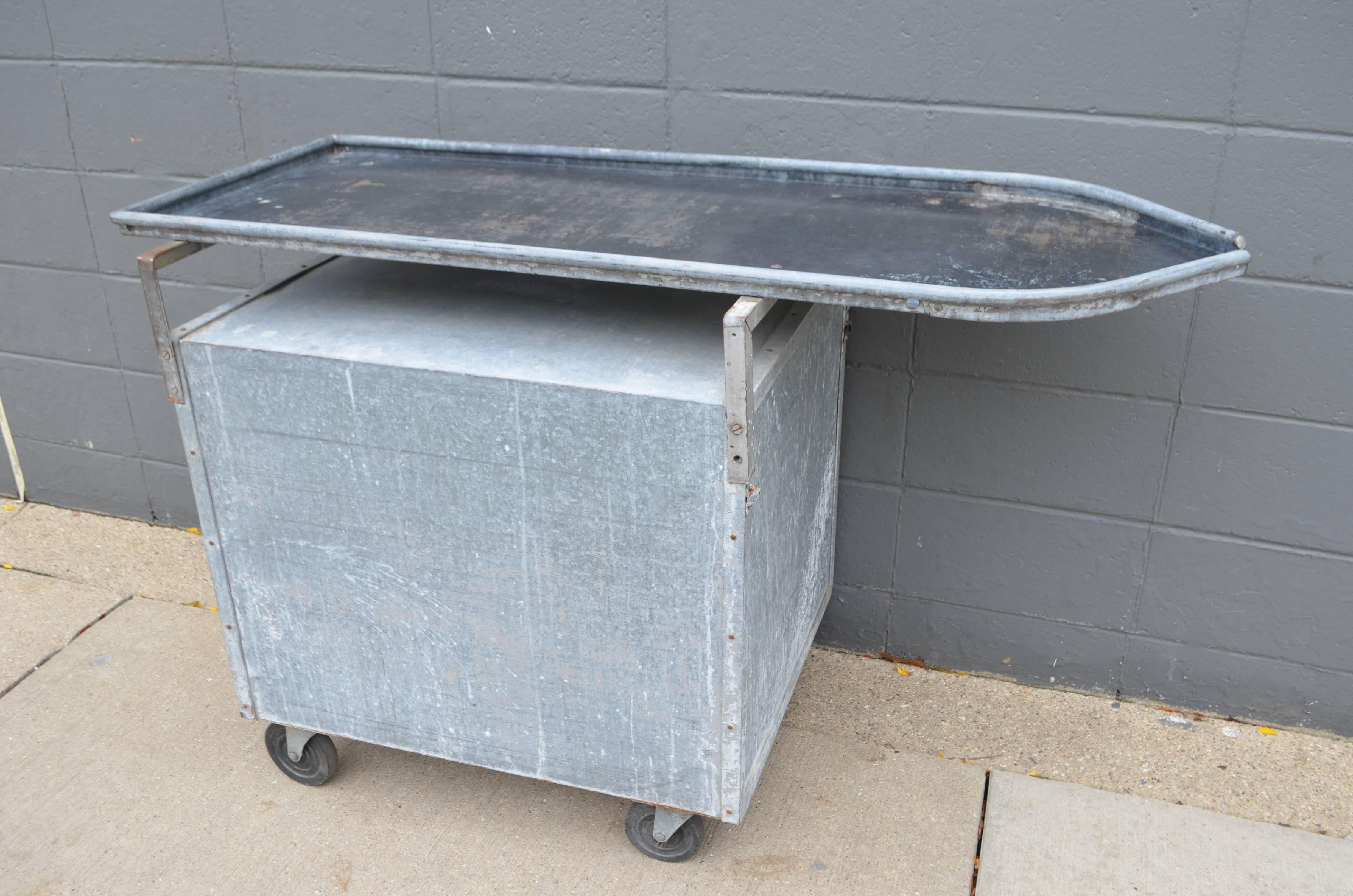 Galvanized veterinary exam table with gated cubby beneath has been thoroughly cleaned and sealed with clear acrylic. Makes multipurpose, portable bar with the bottles stored below decks. A potting table with smaller gardening tools, gloves, shoes,
