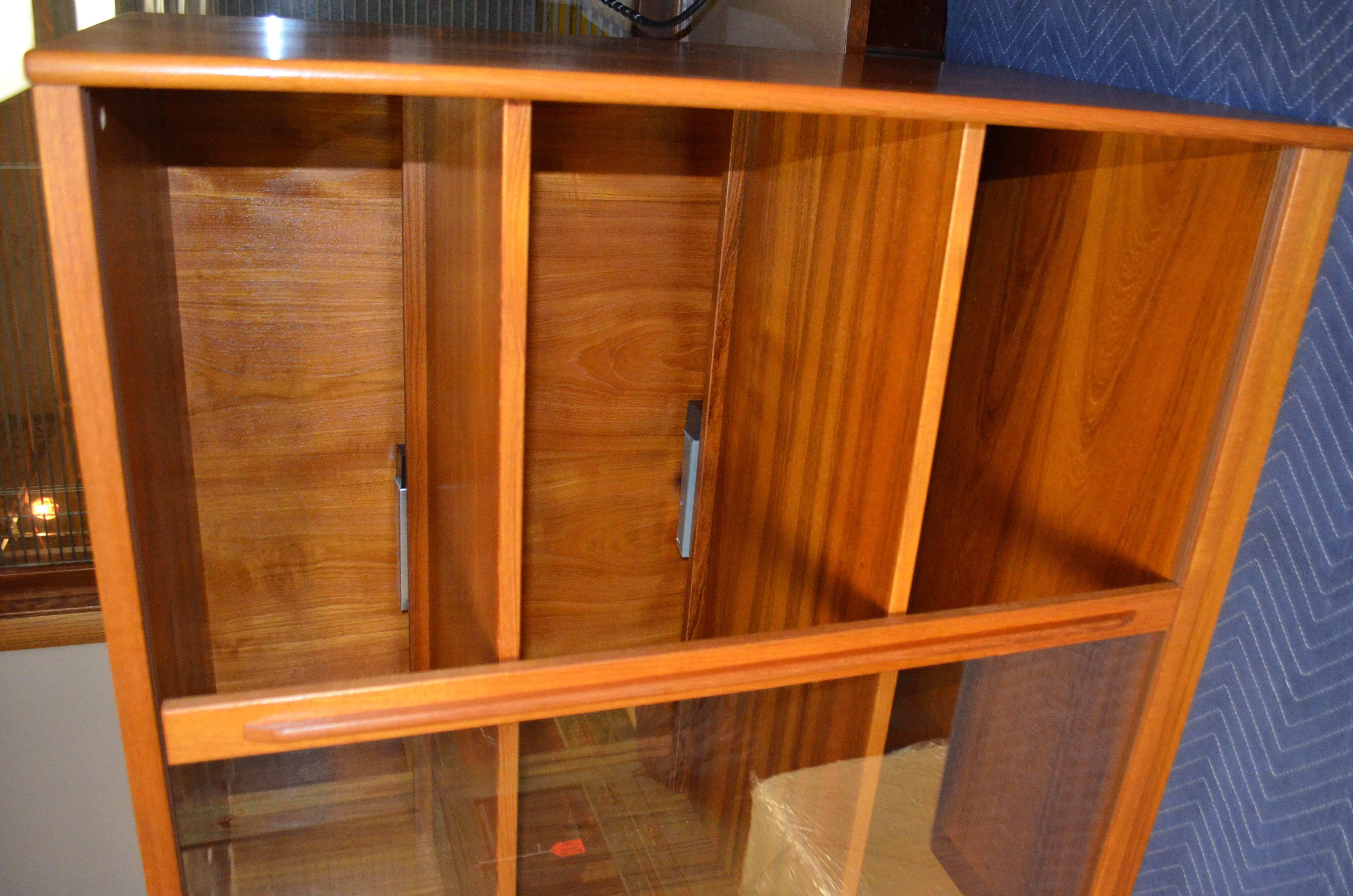 Storage Cabinet, Teak with Glass Doors, Wired for Electronics, Midcentury In Good Condition In Madison, WI