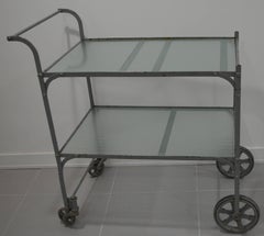 Tea Cart with Painted Steel Frame and Two Shelves of Rippled Glass