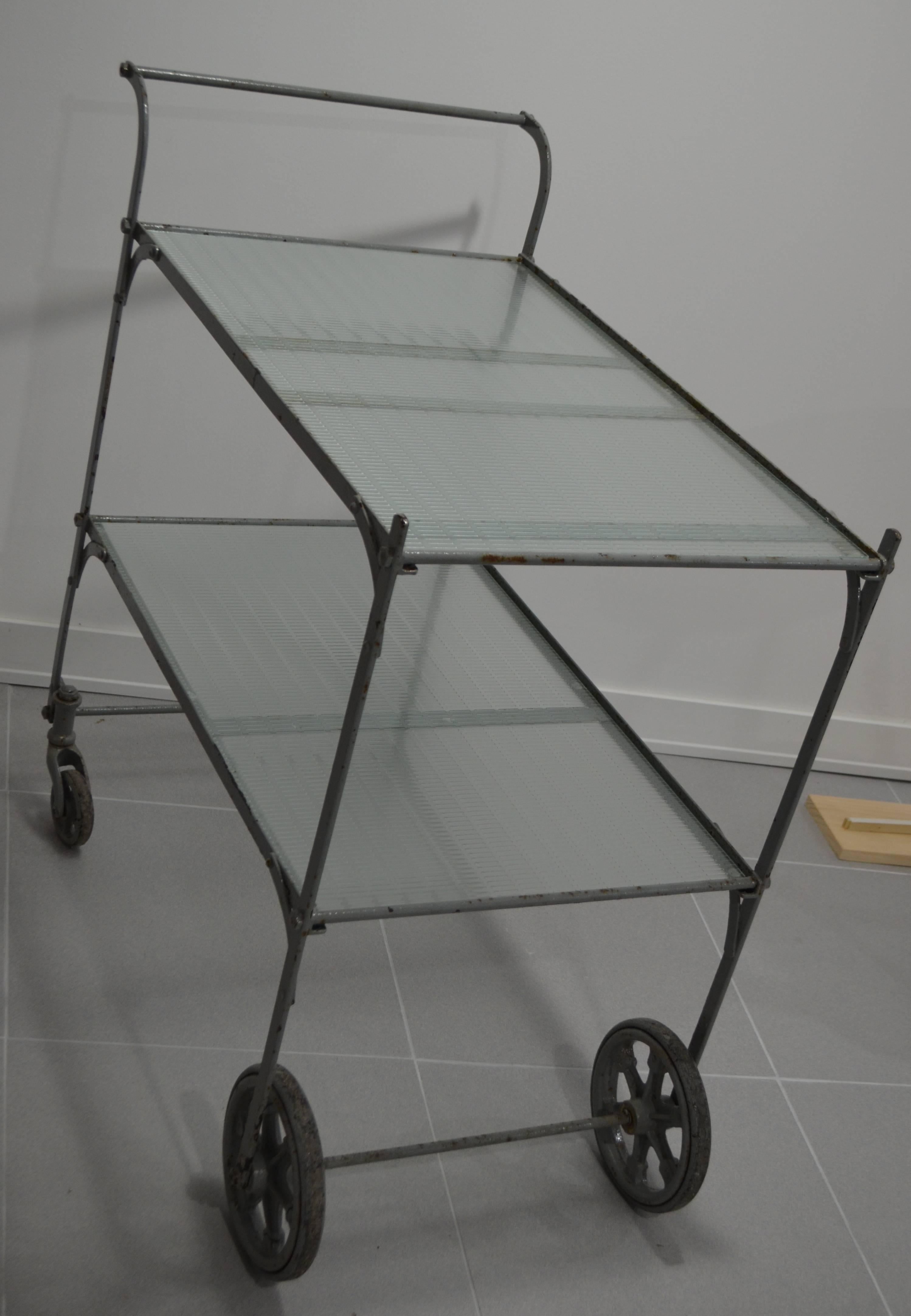 Tea Cart with Painted Steel Frame and Two Shelves of Rippled Glass For Sale 3
