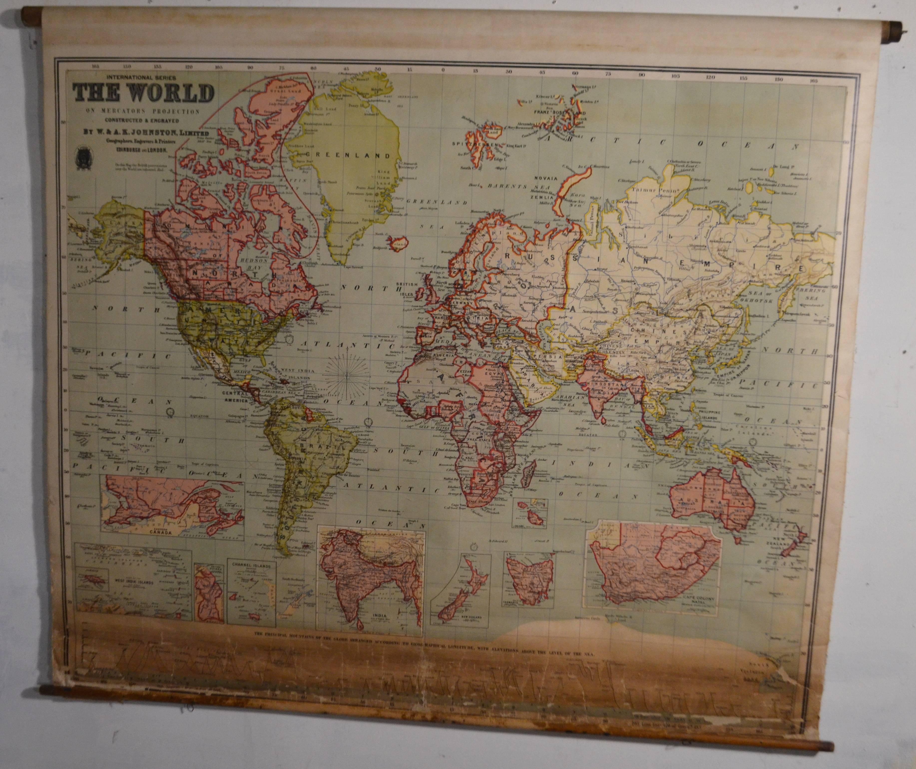 Early 20th century map of the world engraved and printed in Edinburgh, Scotland. Mounted on retractable wooden roller. A classic archival map of the world before two catastrophic world wars broke up the empires of England, Russia and China.