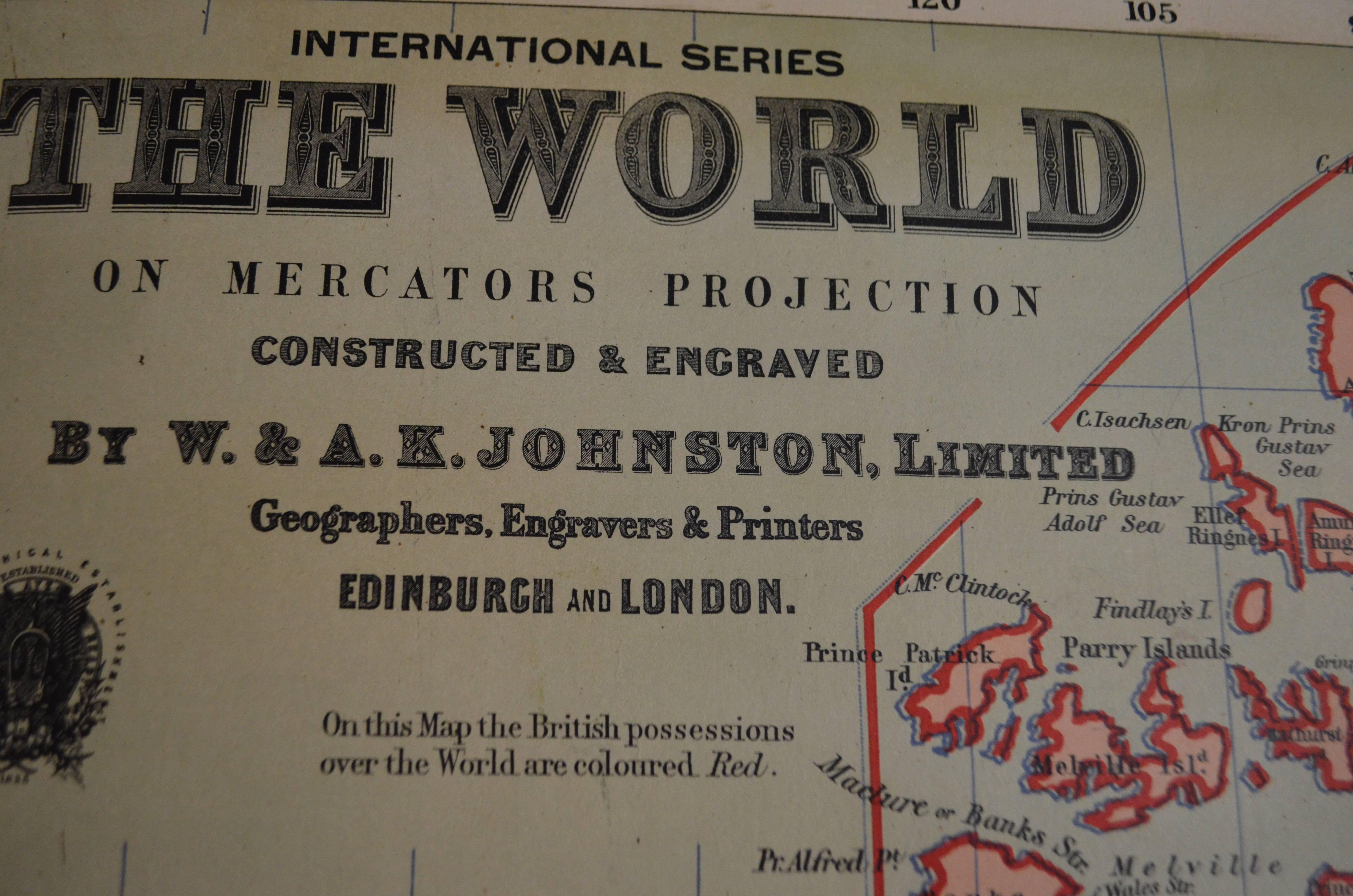 Scottish Map of the World, 1905, on Retractable Wooden Roller