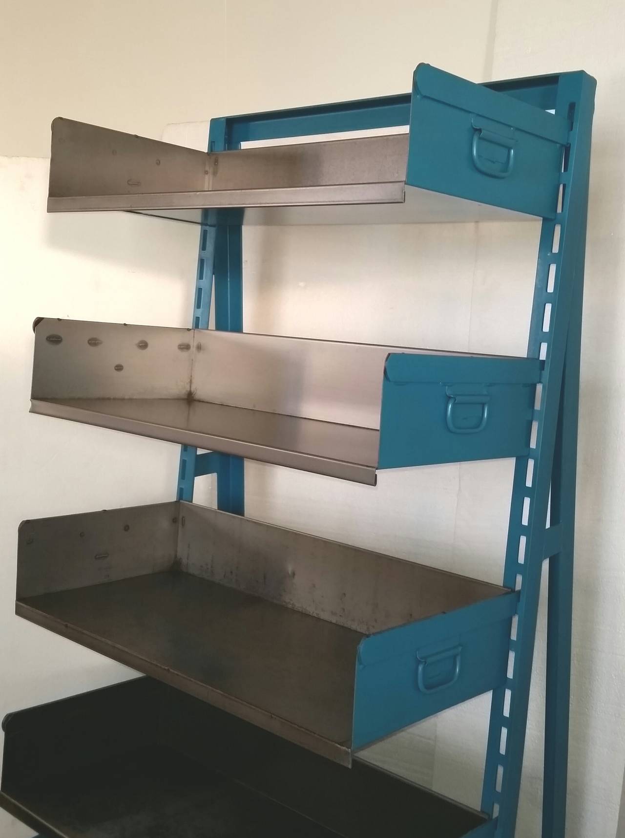 Industrial Steel Factory Storage Rack Shelving Unit, Choice of Color; Two avail In Good Condition For Sale In Madison, WI