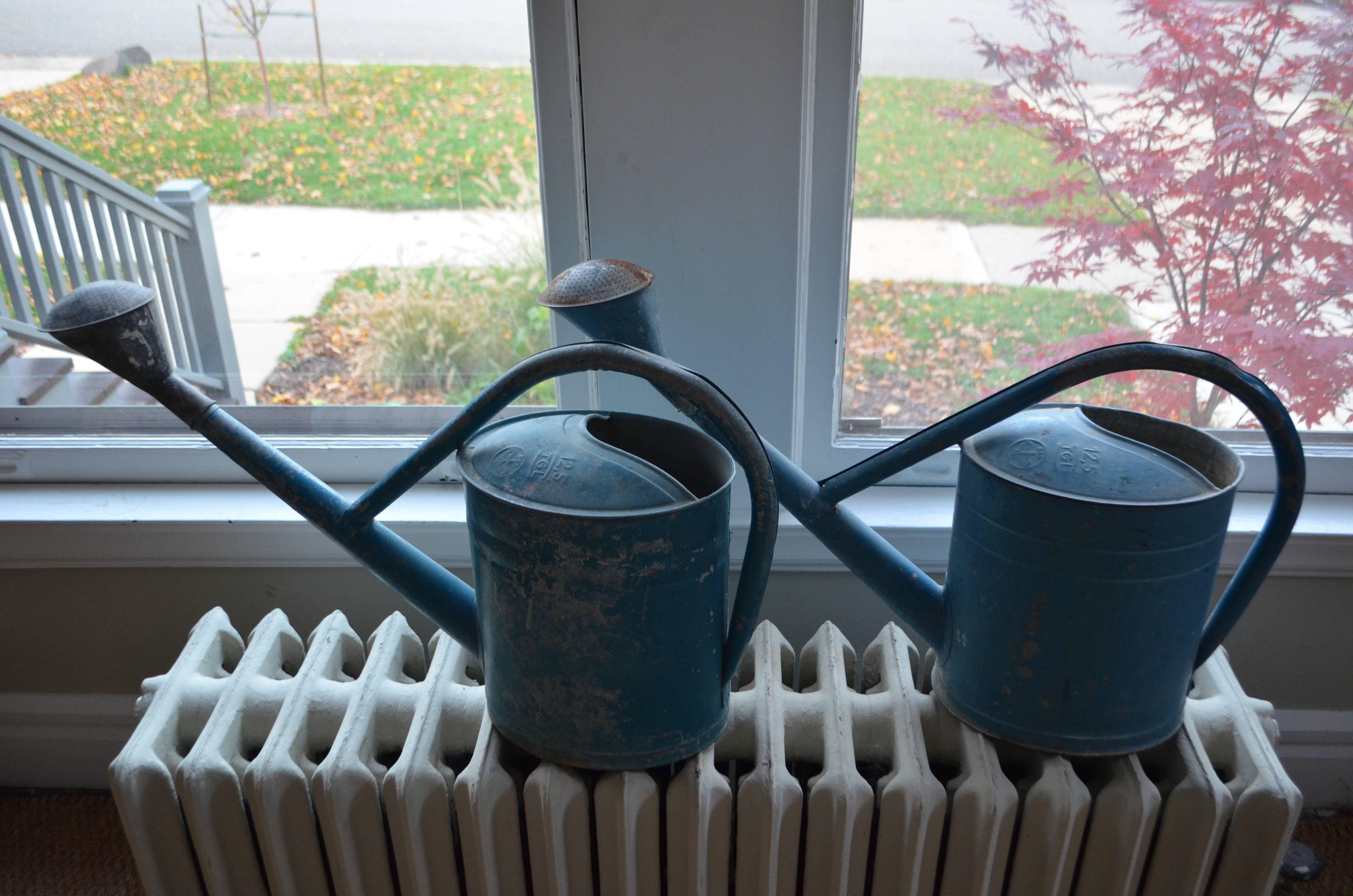 20th Century Garden Watering Cans in Blue, Vintage European BAT Brand (pair)