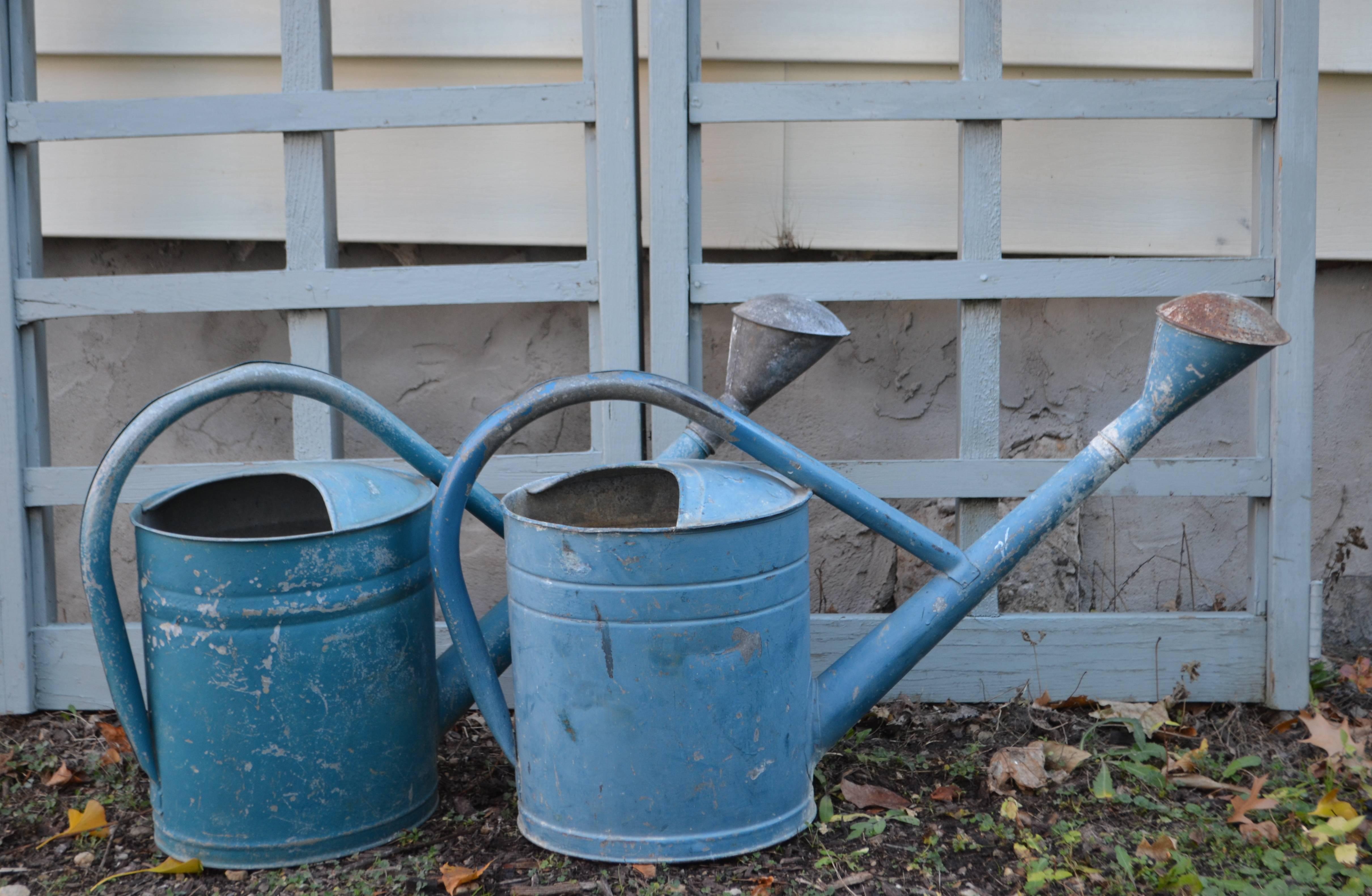 Paint Garden Watering Cans in Blue, Vintage European BAT Brand (pair)