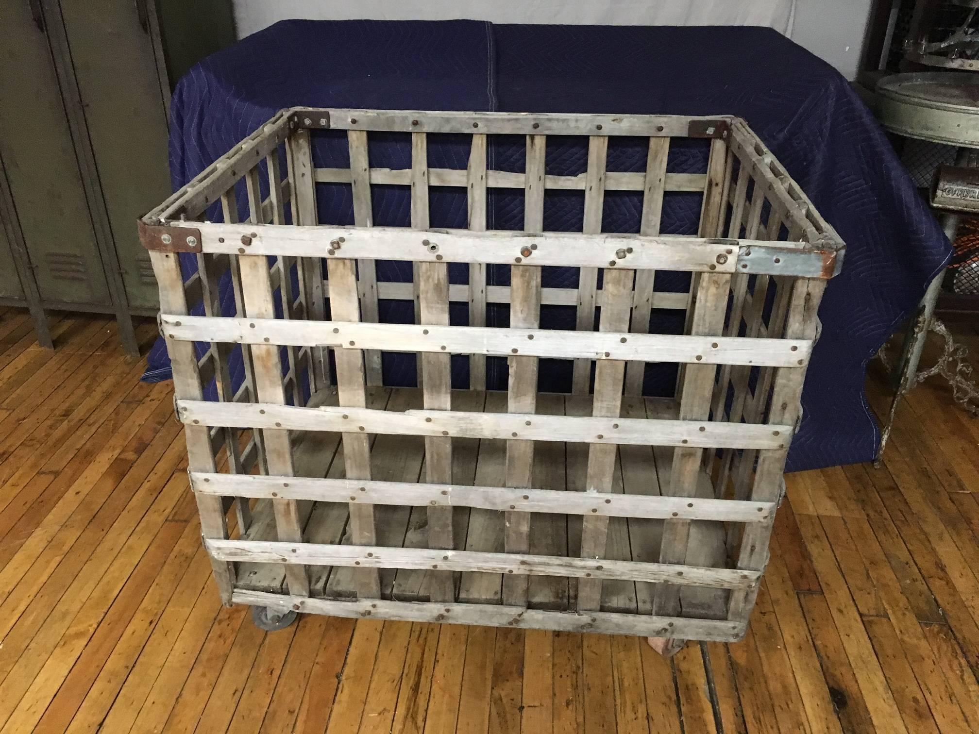 Industrial Wooden, Wheeled Cart from the Factory Floor In Excellent Condition In Madison, WI