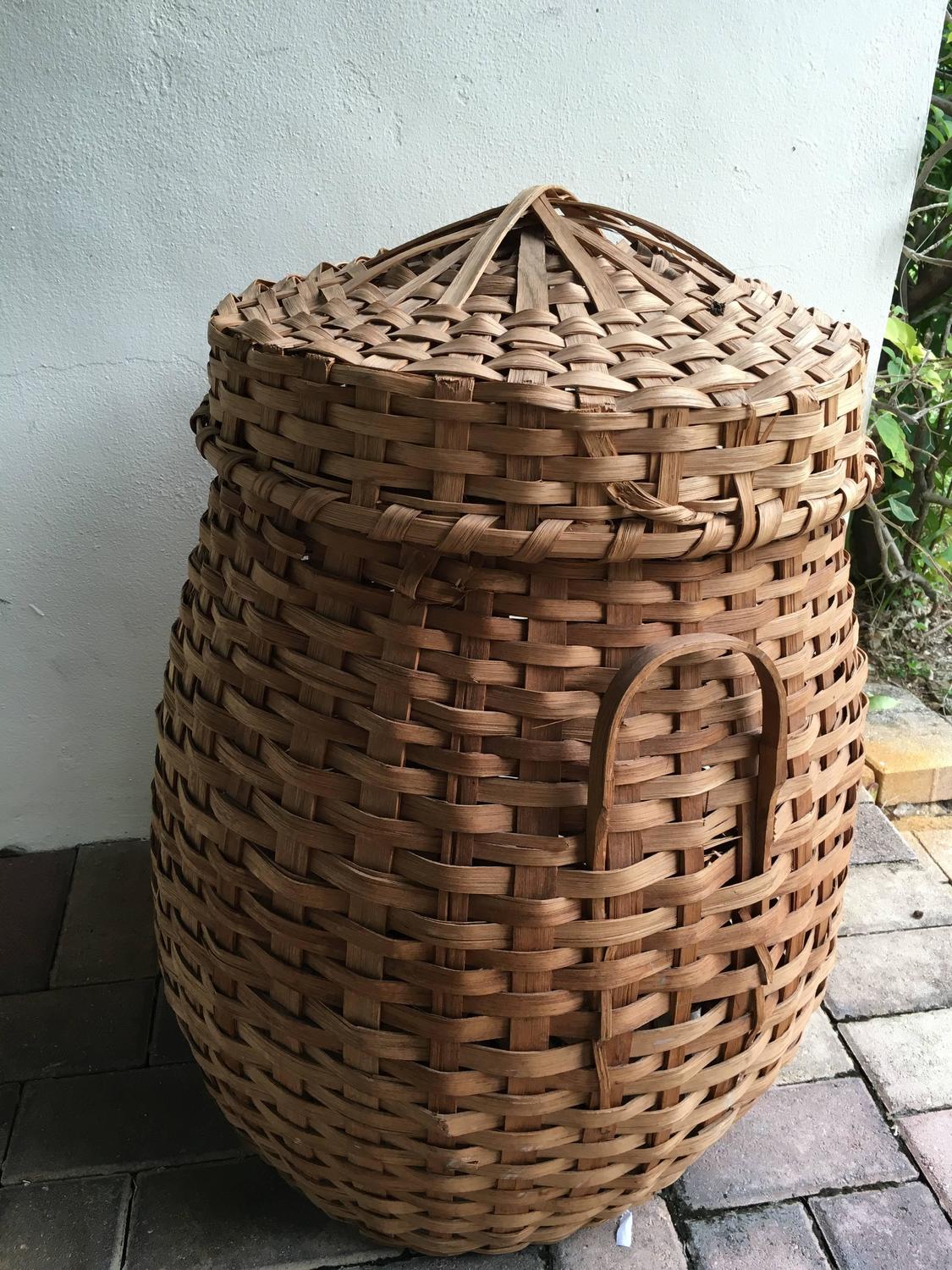 Vintage Woven Basket with Peaked Lid and Splint Handles at 1stdibs