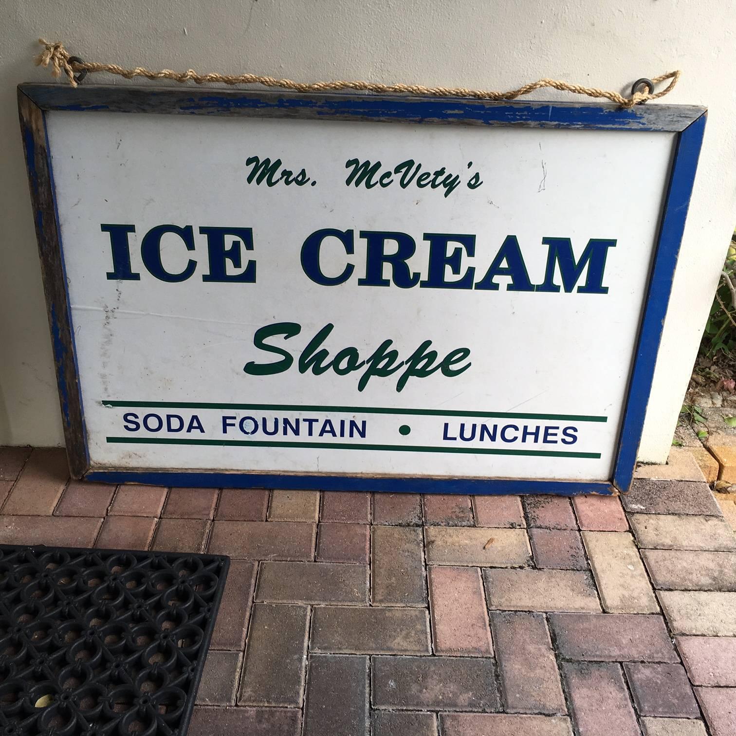 Hand-painted double-sided antique Ice Cream Shoppe sign from Maine. Nice touch of character for a kitchen.  