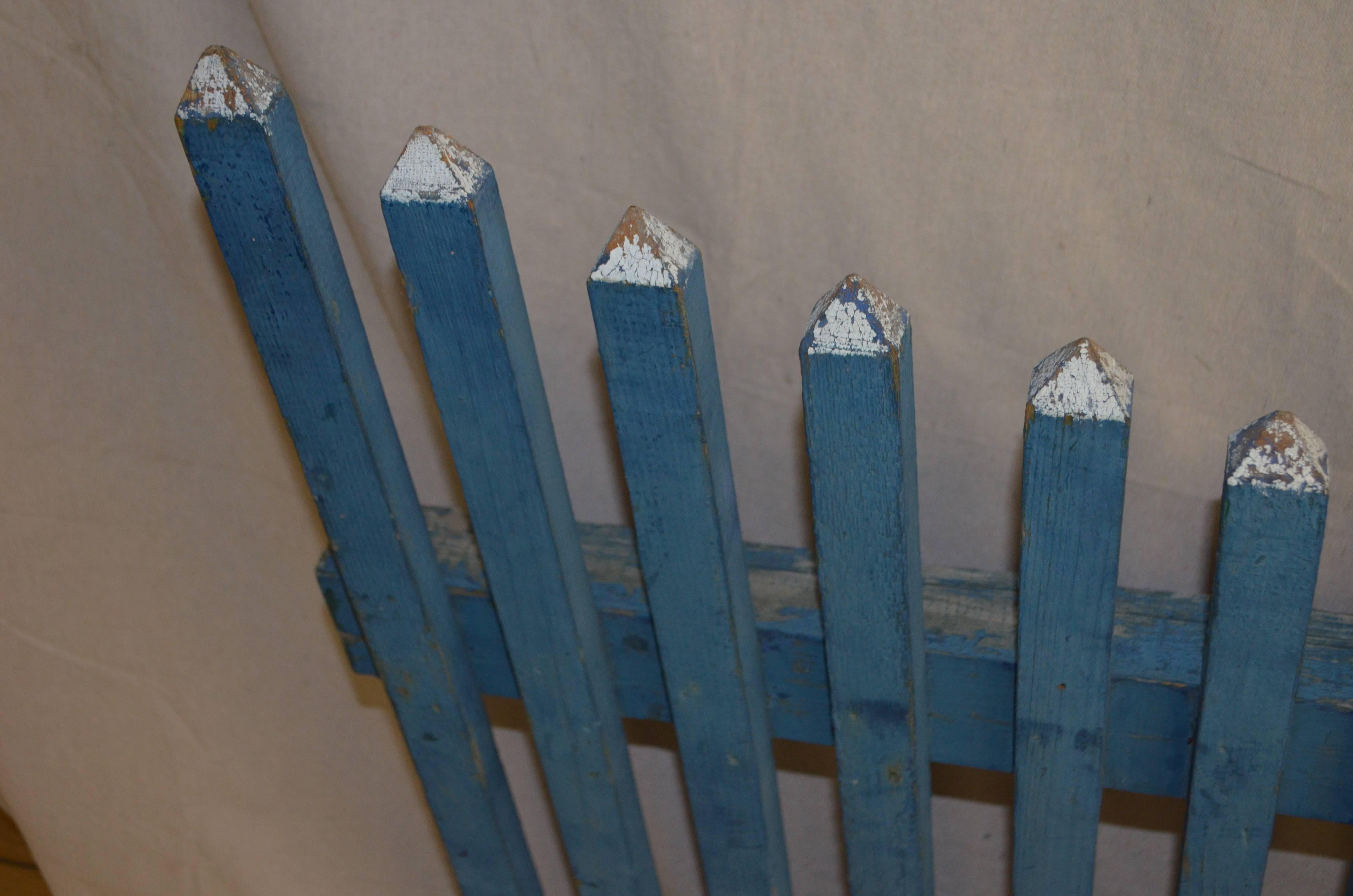 Wood Garden Picket Fence in Original Blue Paint.