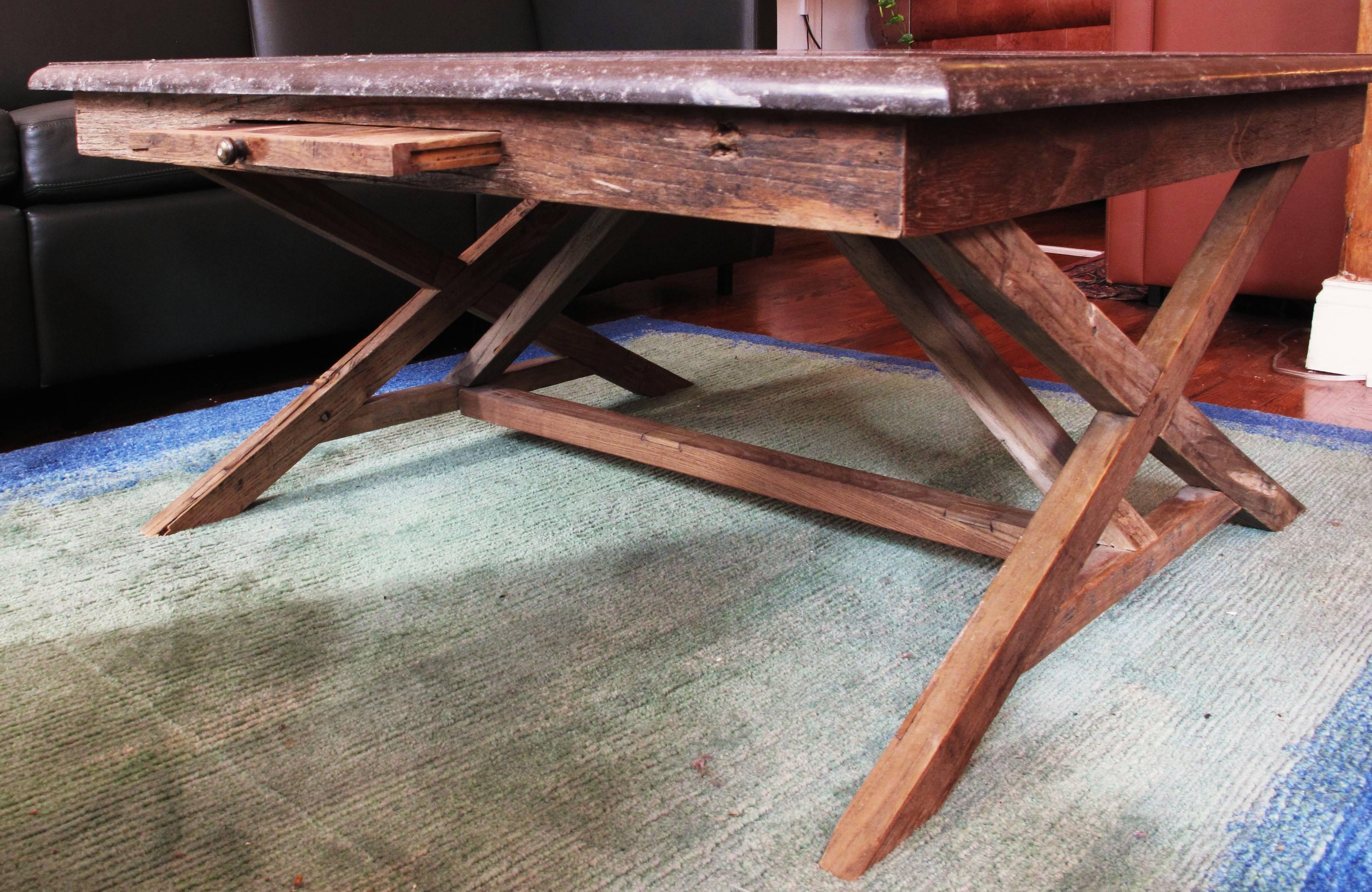Reclaimed Wood Coffee Table with Bluestone Slab In Excellent Condition In Madison, WI