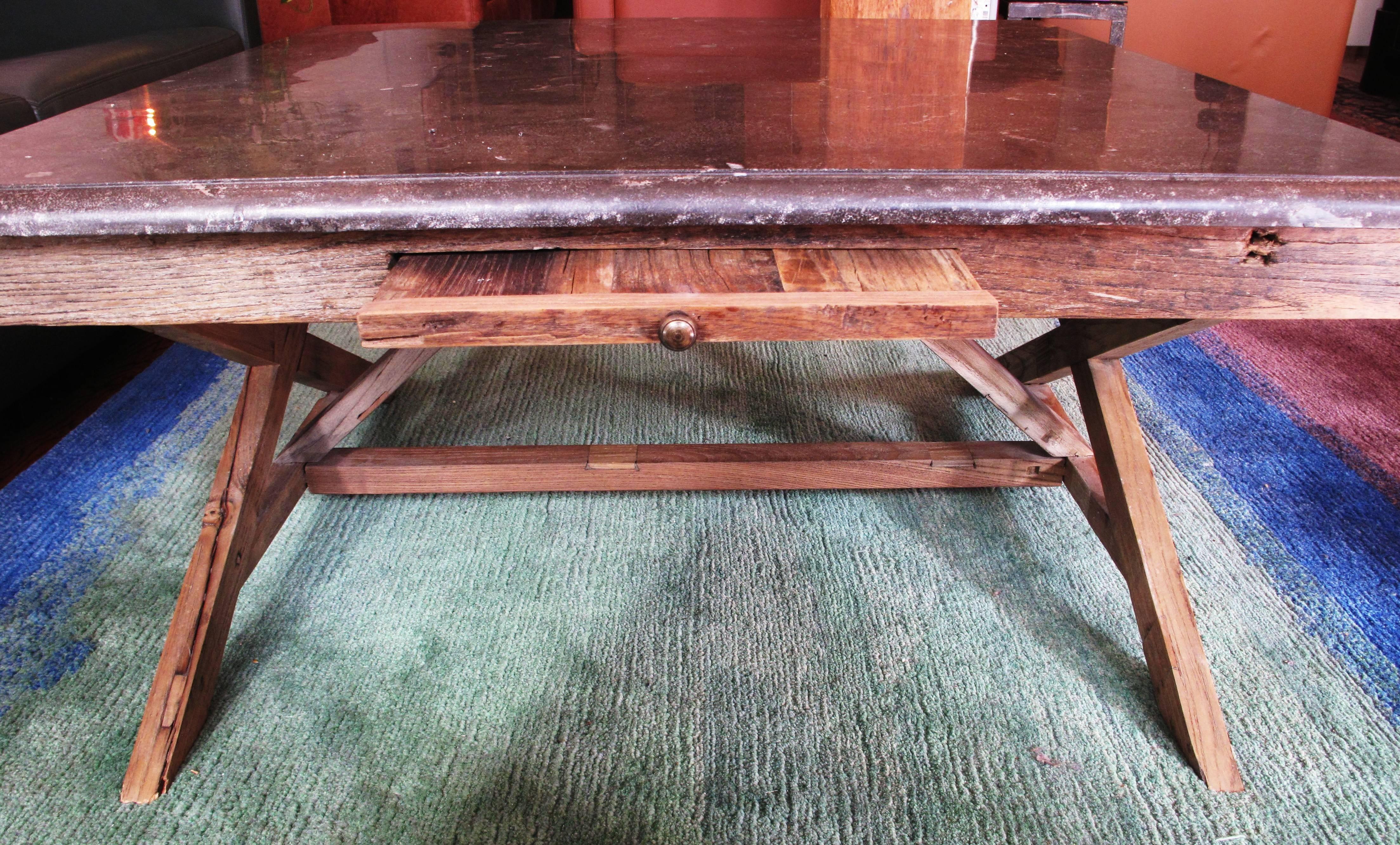20th Century Reclaimed Wood Coffee Table with Bluestone Slab