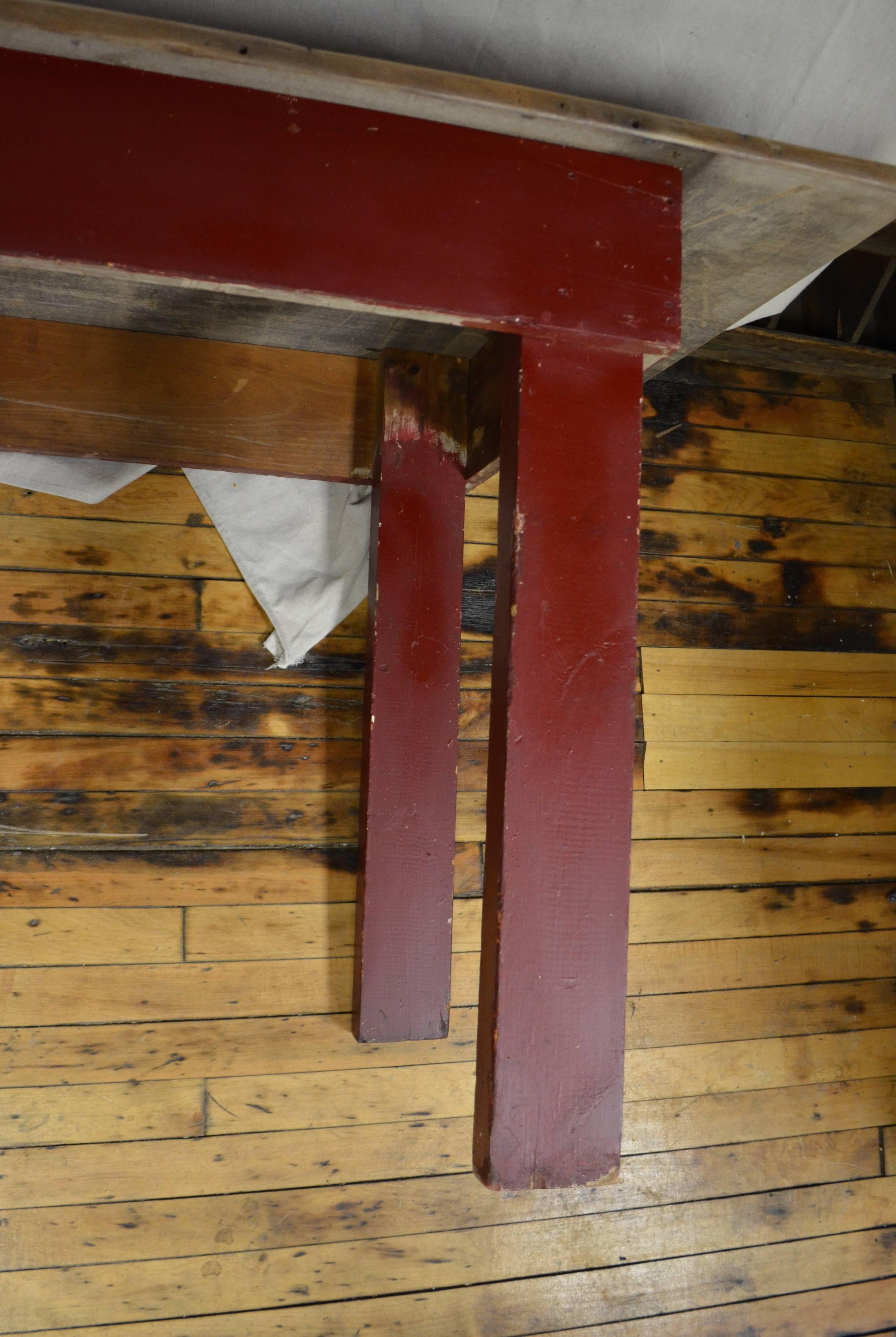 Farm Table with Single Board Top, Red Legs and Stringer Boards 4
