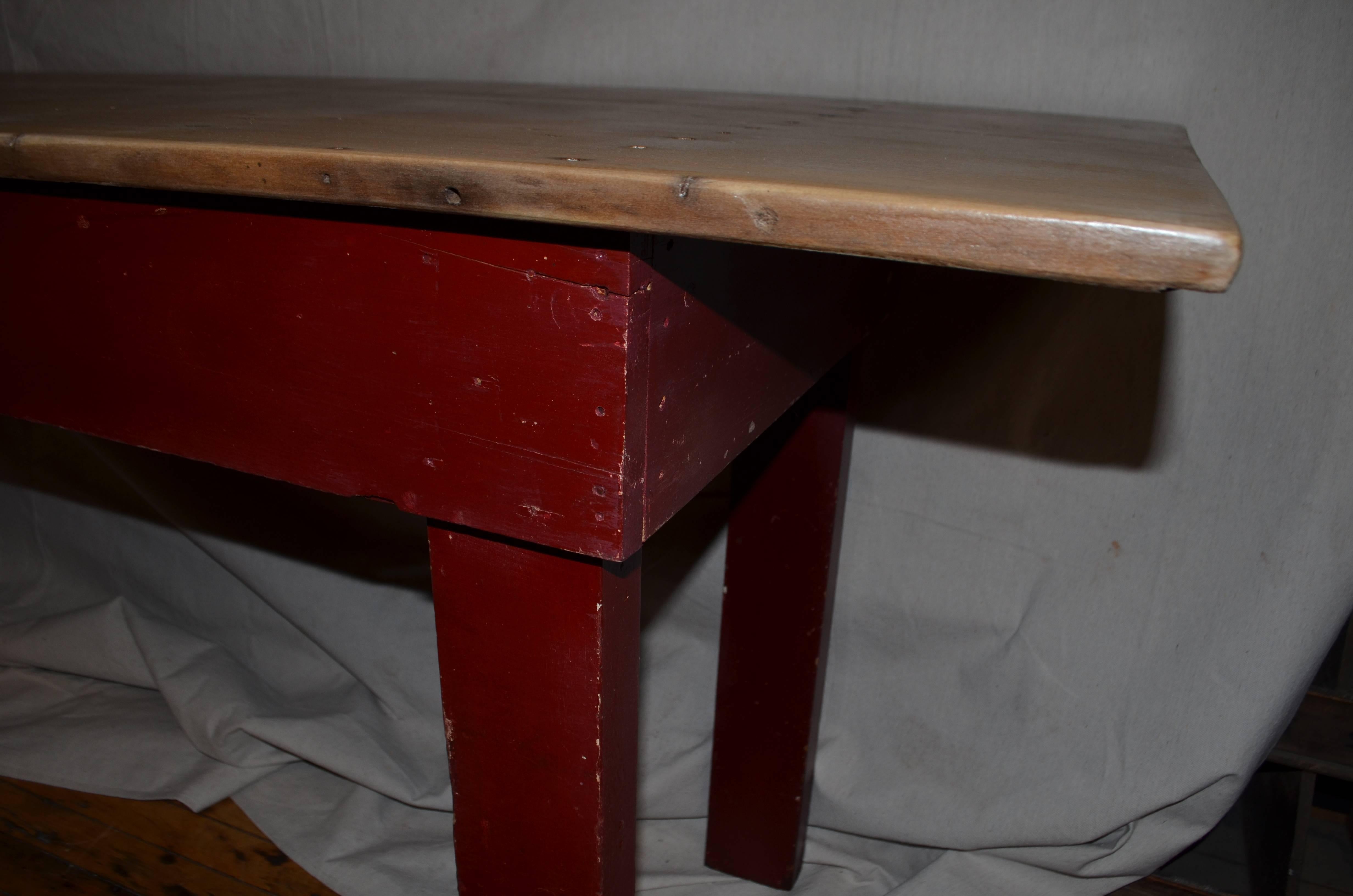 American Farm Table with Single Board Top, Red Legs and Stringer Boards