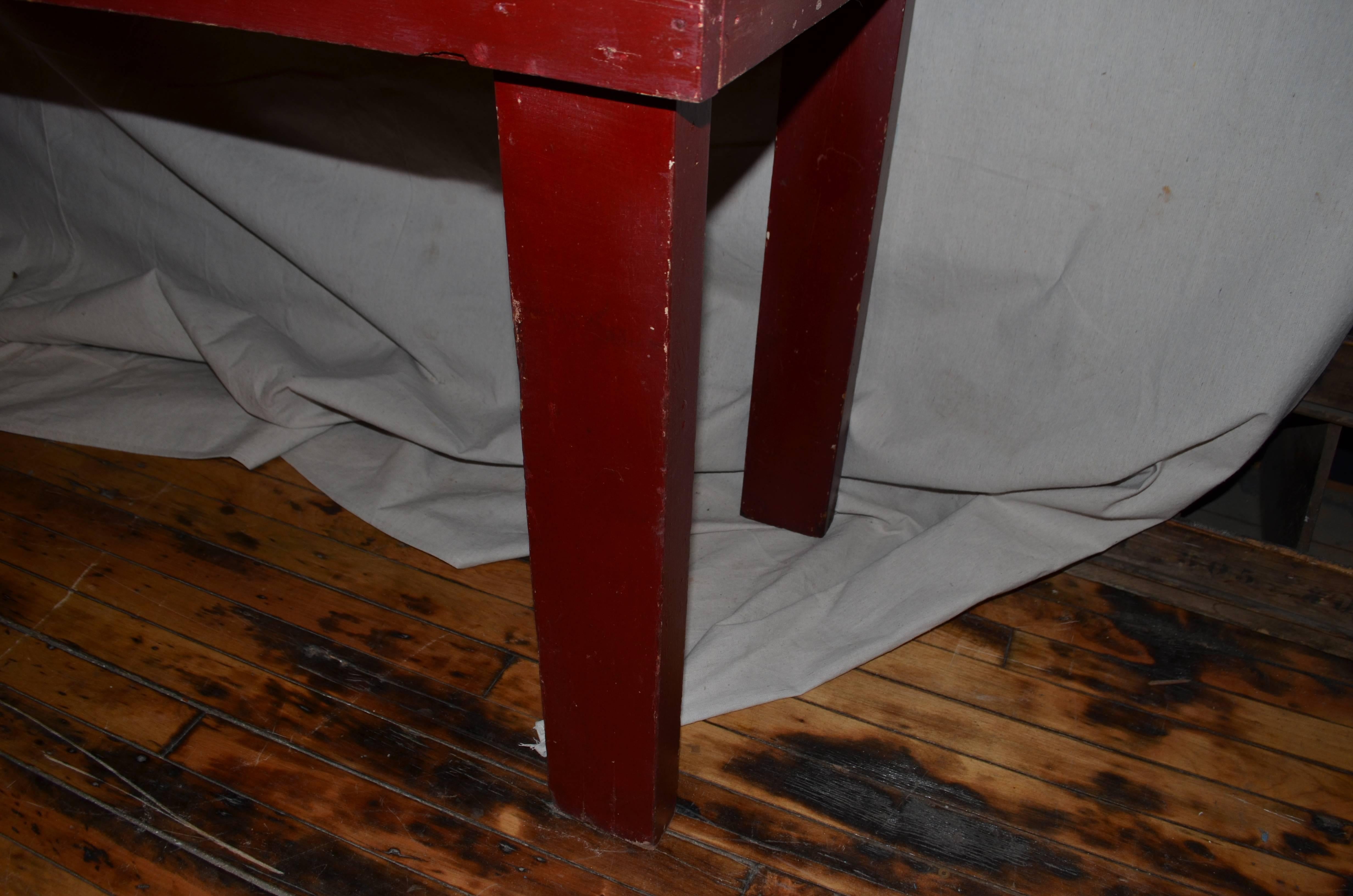 Farm Table with Single Board Top, Red Legs and Stringer Boards In Excellent Condition In Madison, WI