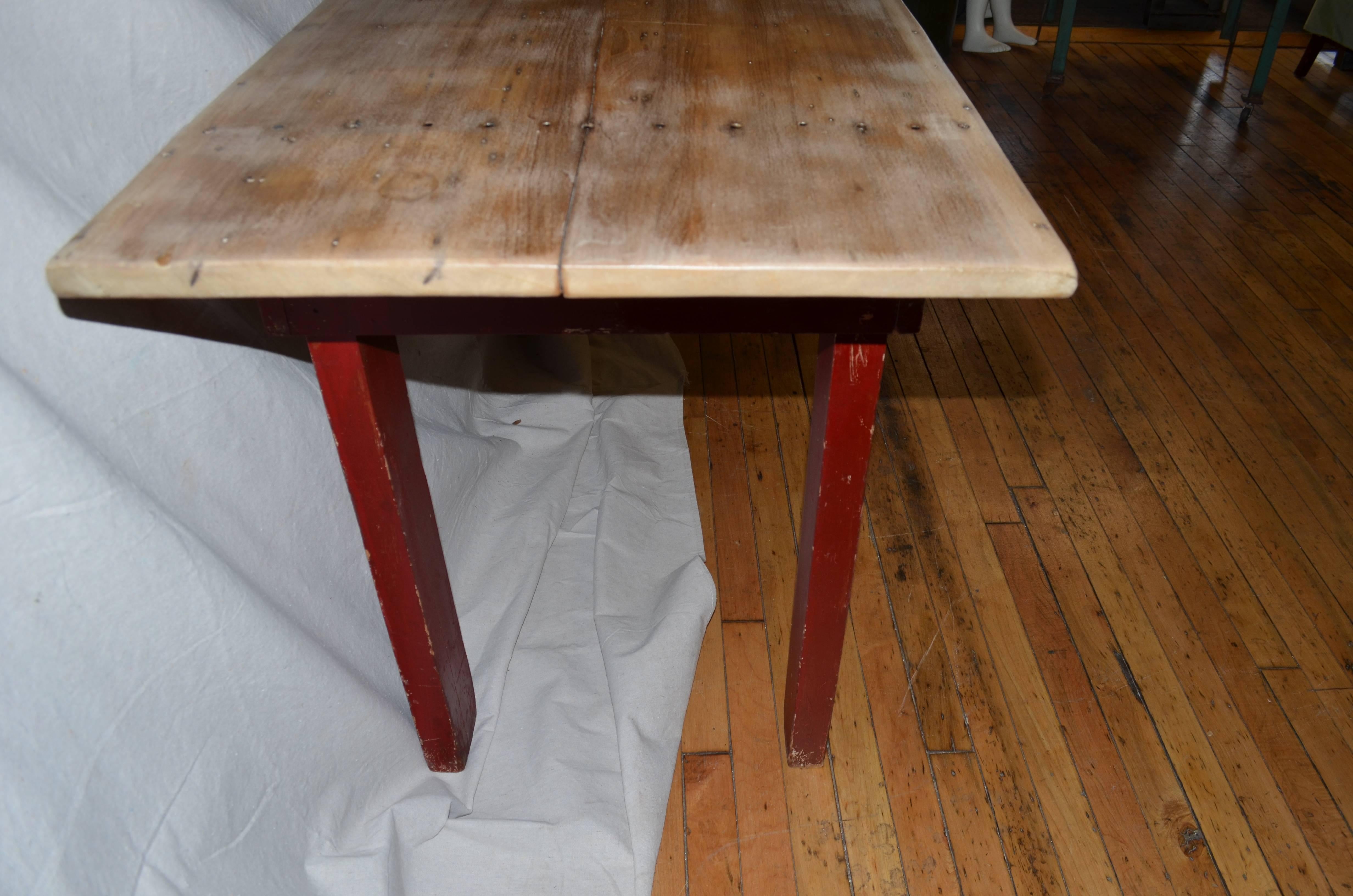 20th Century Farm Table with Single Board Top, Red Legs and Stringer Boards