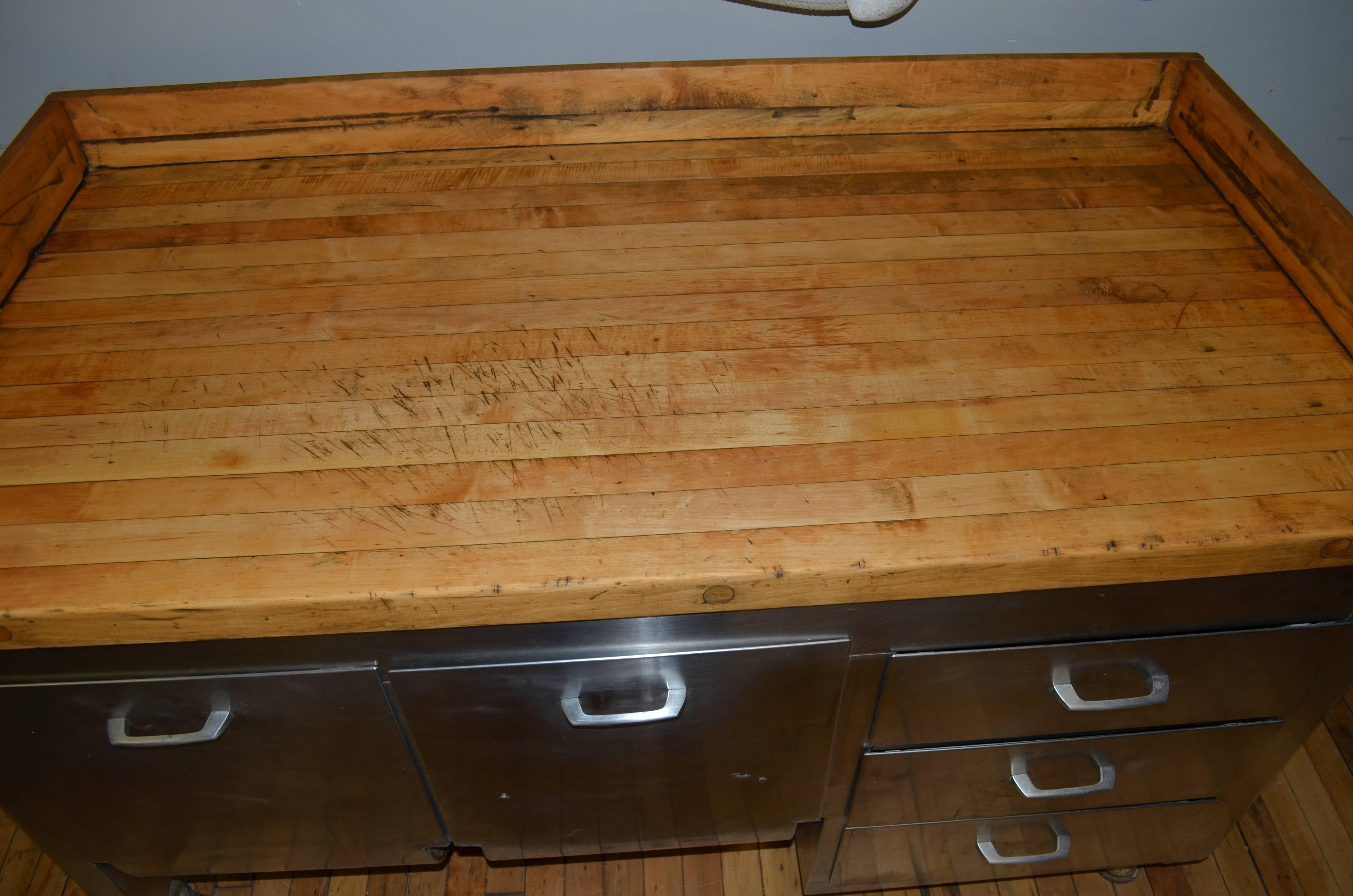 Stainless Steel Kitchen Island with Butcher Block Top and Steel Base, circa 1930s