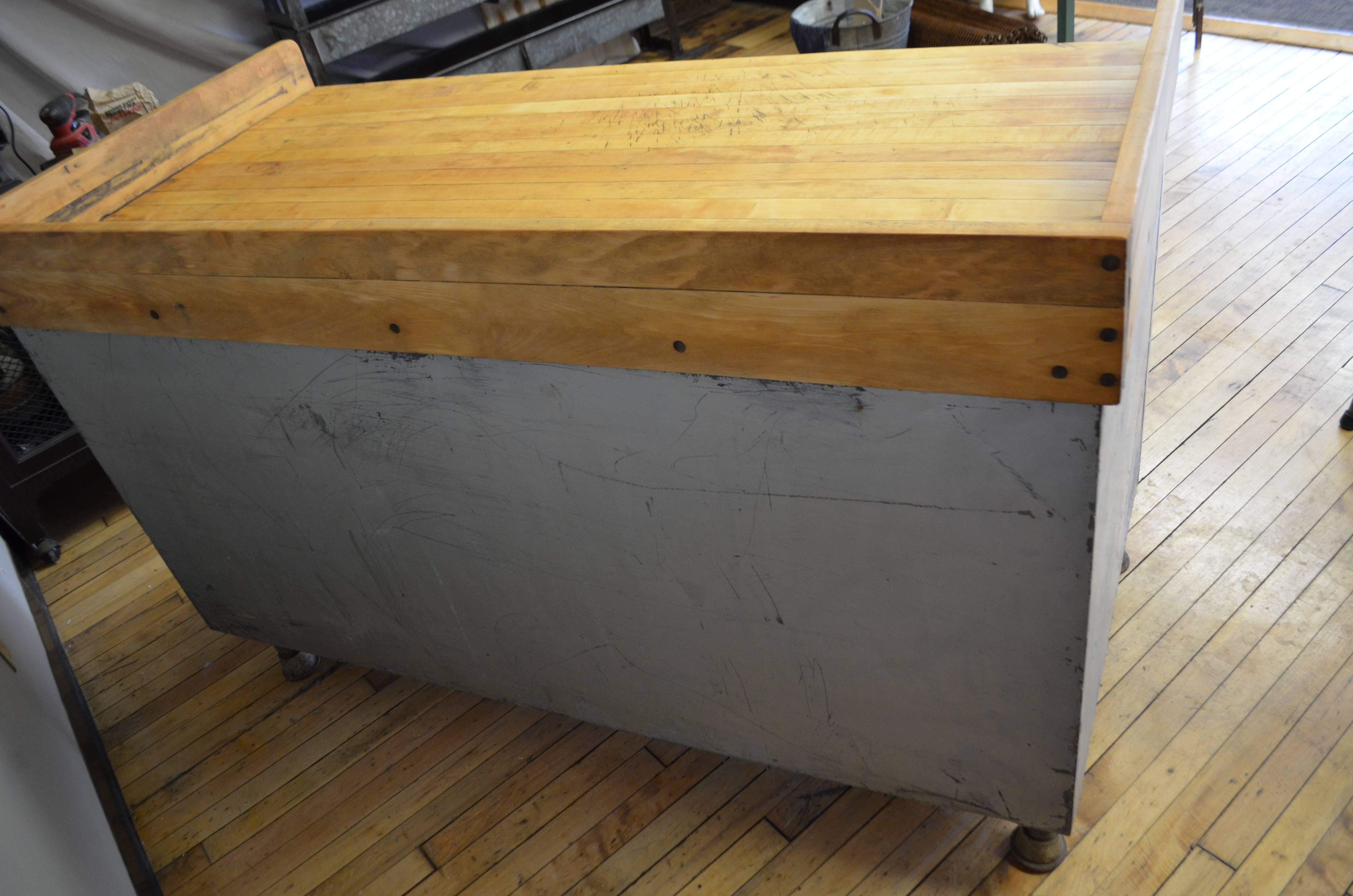 Kitchen Island with Butcher Block Top and Steel Base, circa 1930s In Excellent Condition In Madison, WI